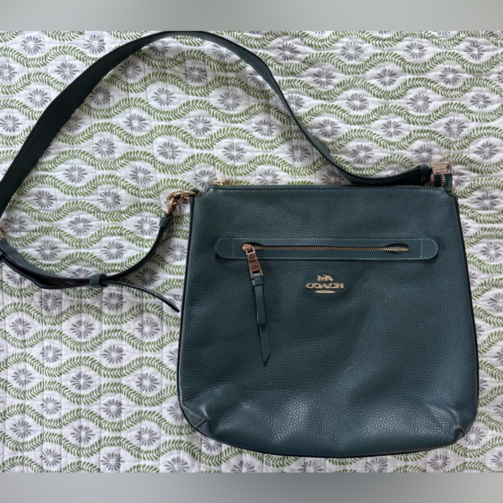COACH Mae File Pebble Leather Crossbody Bag Green Color.